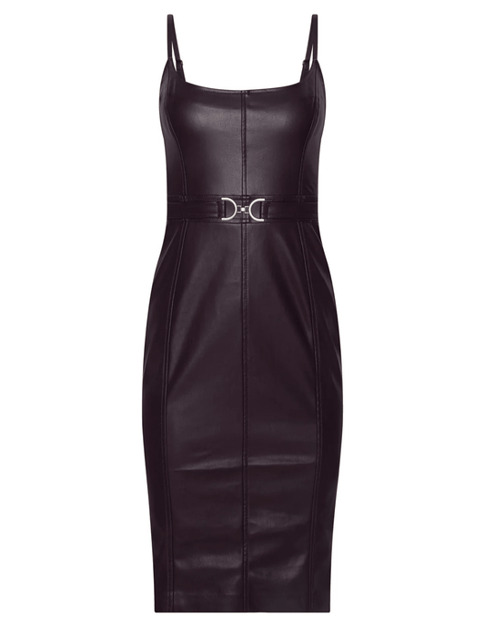 L'AGENCE Halia Vegan Leather Midi Dress in Dark Malbec