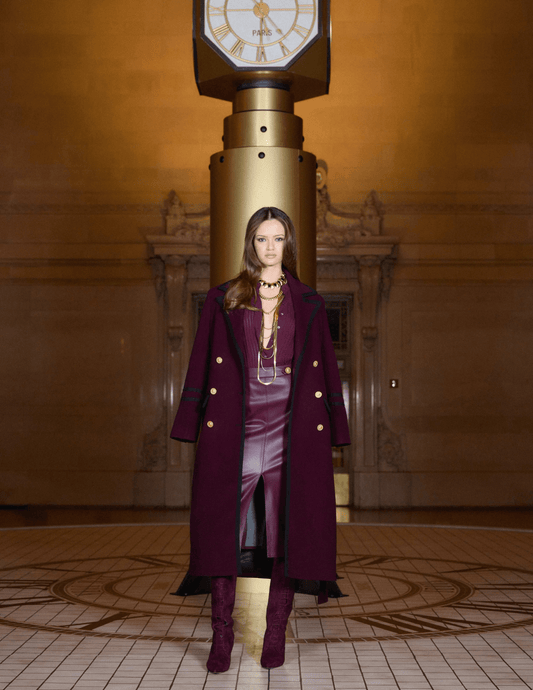 L’AGENCE Irene Military Long Coat in Dark Port Editorial