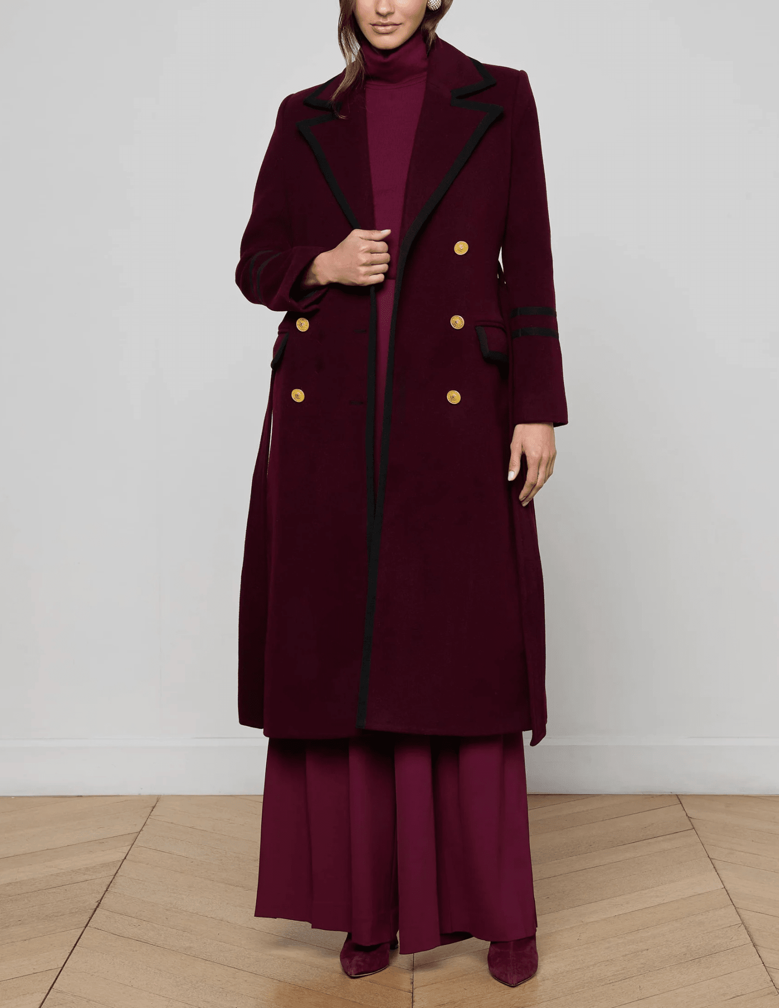 L’AGENCE Irene Military Long Coat in Dark Port front view