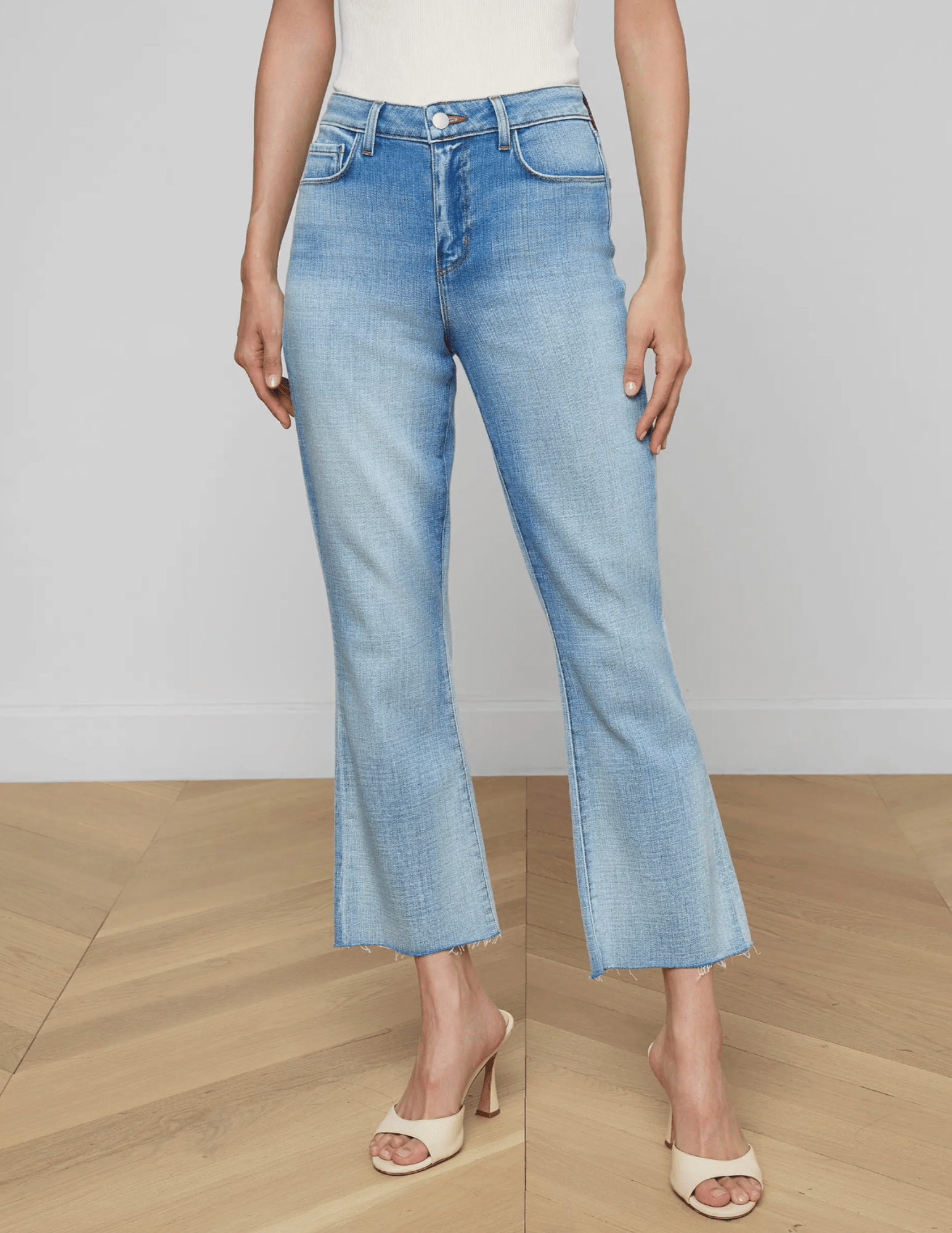 Front view of L'AGENCE Kendra High Rise Crop Flare Jean in Dry Ice