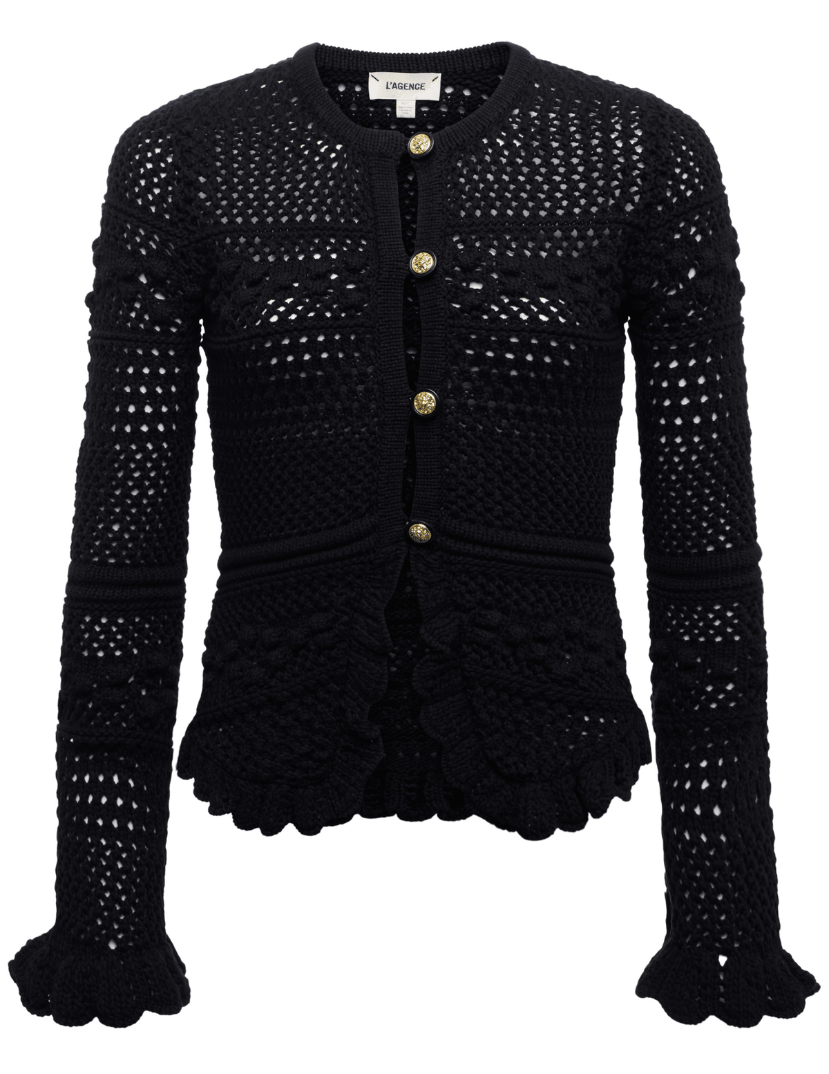 L'AGENCE Kiva Open Stitch Ruffle Cardigan in Black
