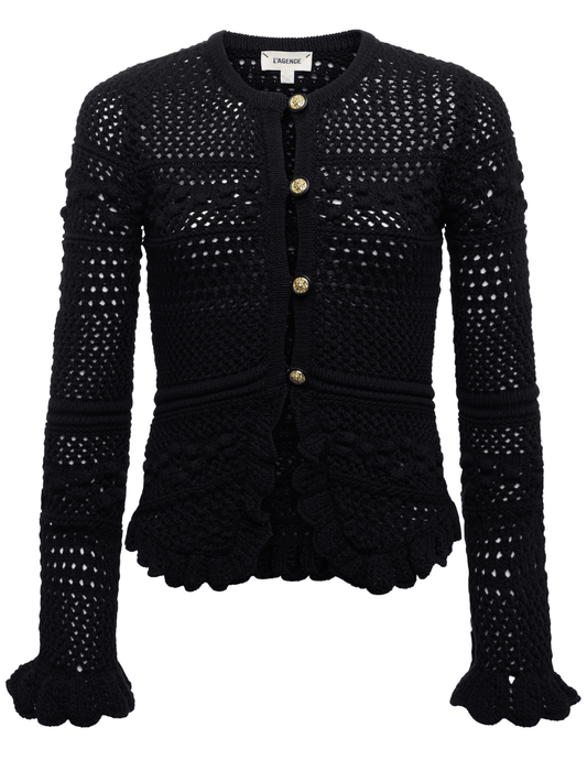 L'AGENCE Kiva Open Stitch Ruffle Cardigan in Black