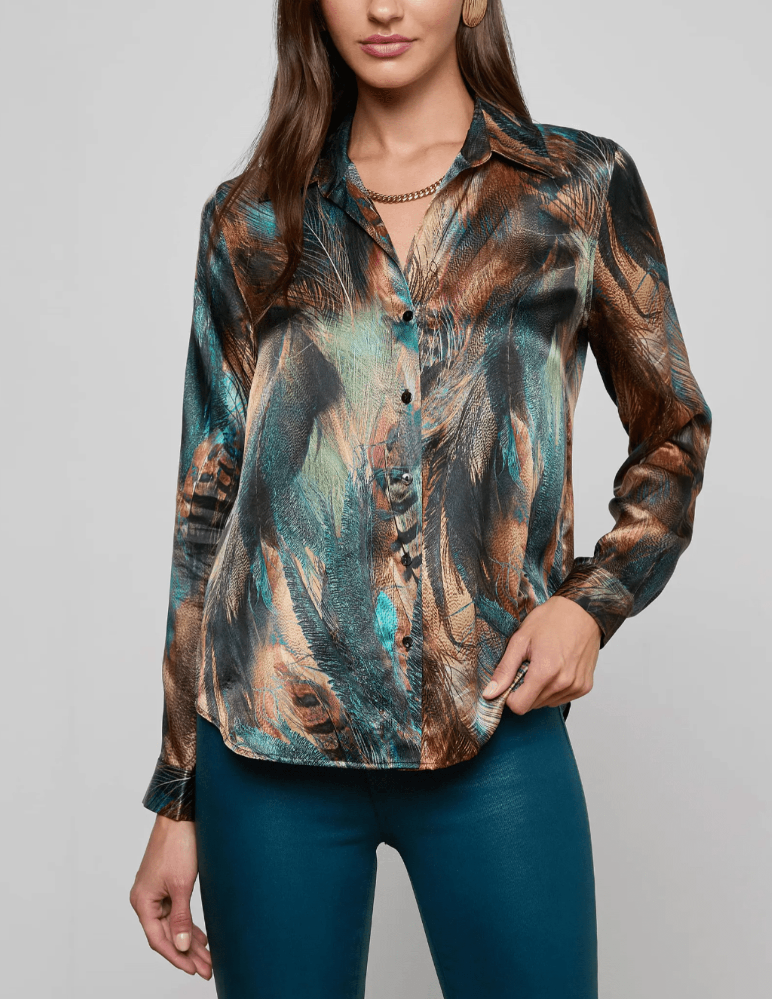 Front view of L'AGENCE L'Agence Tyler Long Sleeve Blouse in Teal Multi Mix Feather