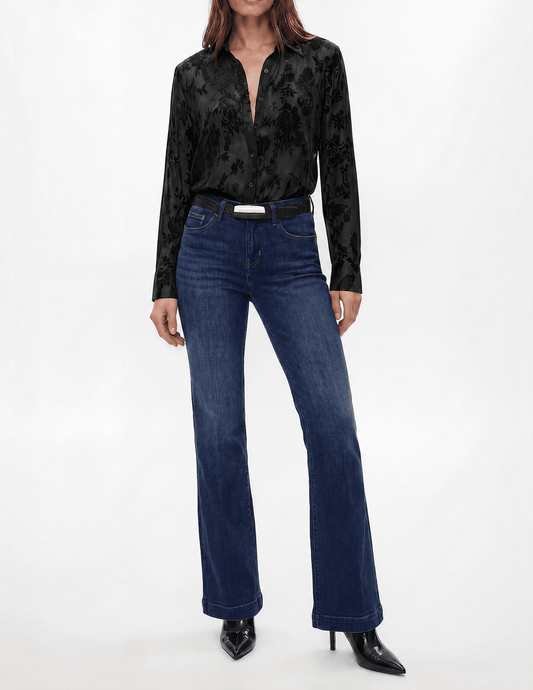 L'AGENCE Laurent Burnout Long Sleeve Blouse in Black on model
