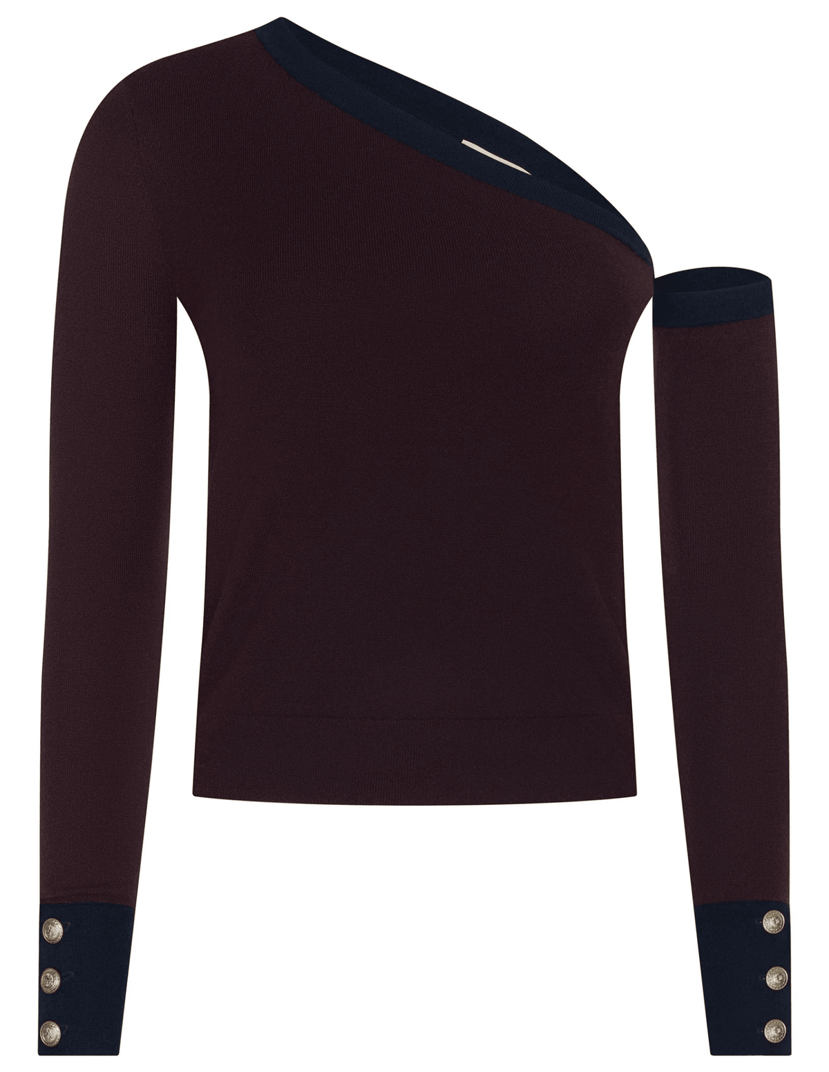 L'AGENCE Maeva One Shoulder Color-Block Sweater in Malbec Midnight