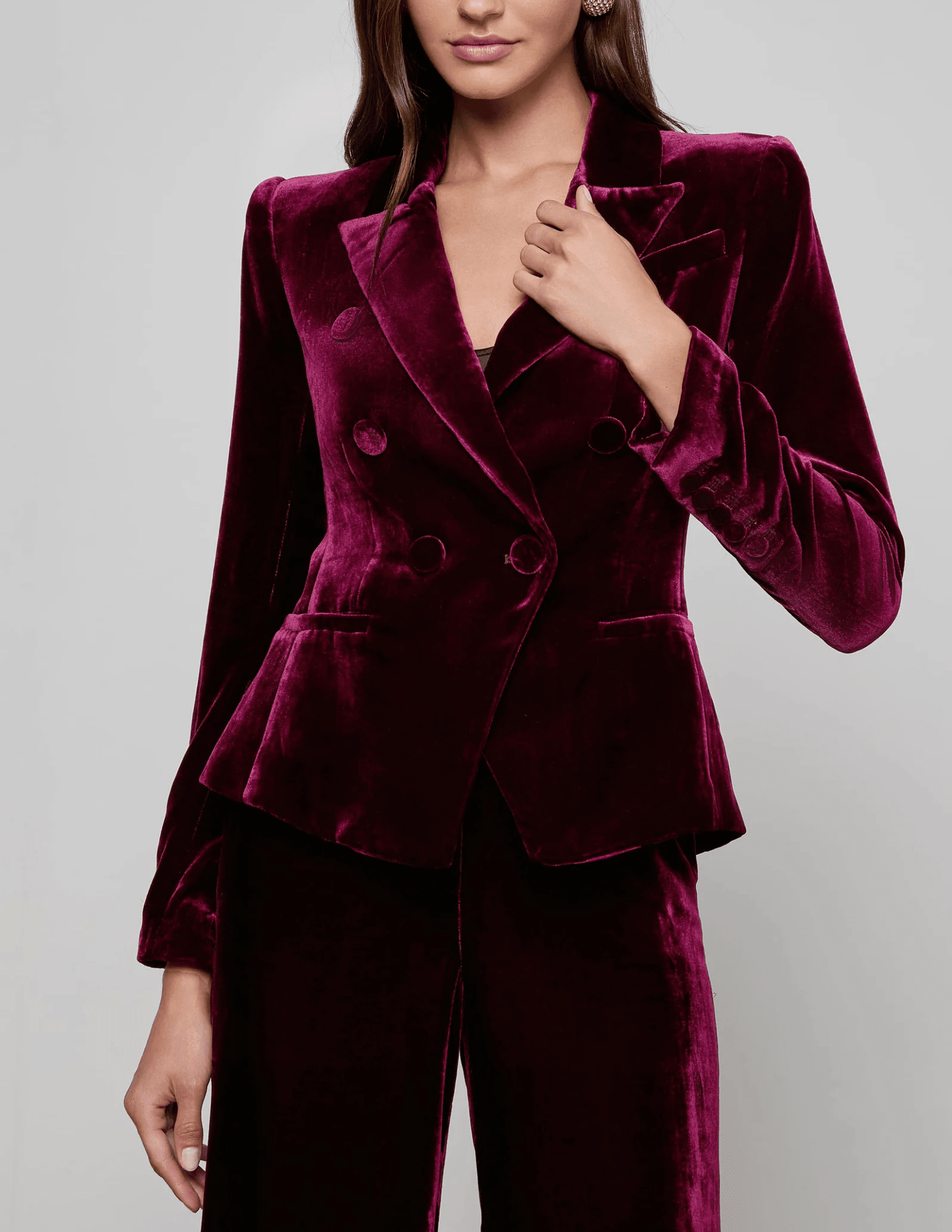 Front view of L’AGENCE Marie Velvet Double Breasted Blazer in Dark Port burgundy
