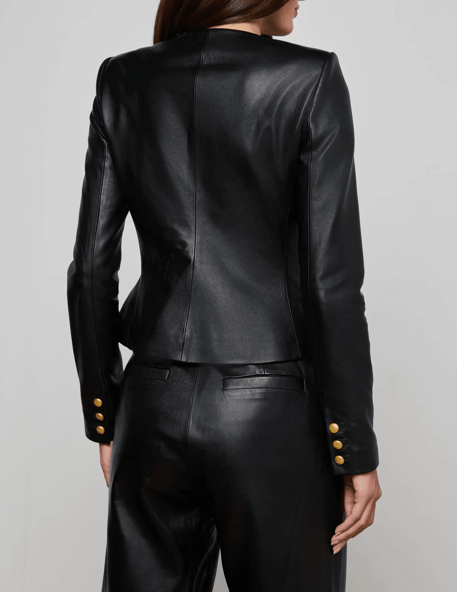 Back view of L'AGENCE Mariella Collarless Leather Blazer