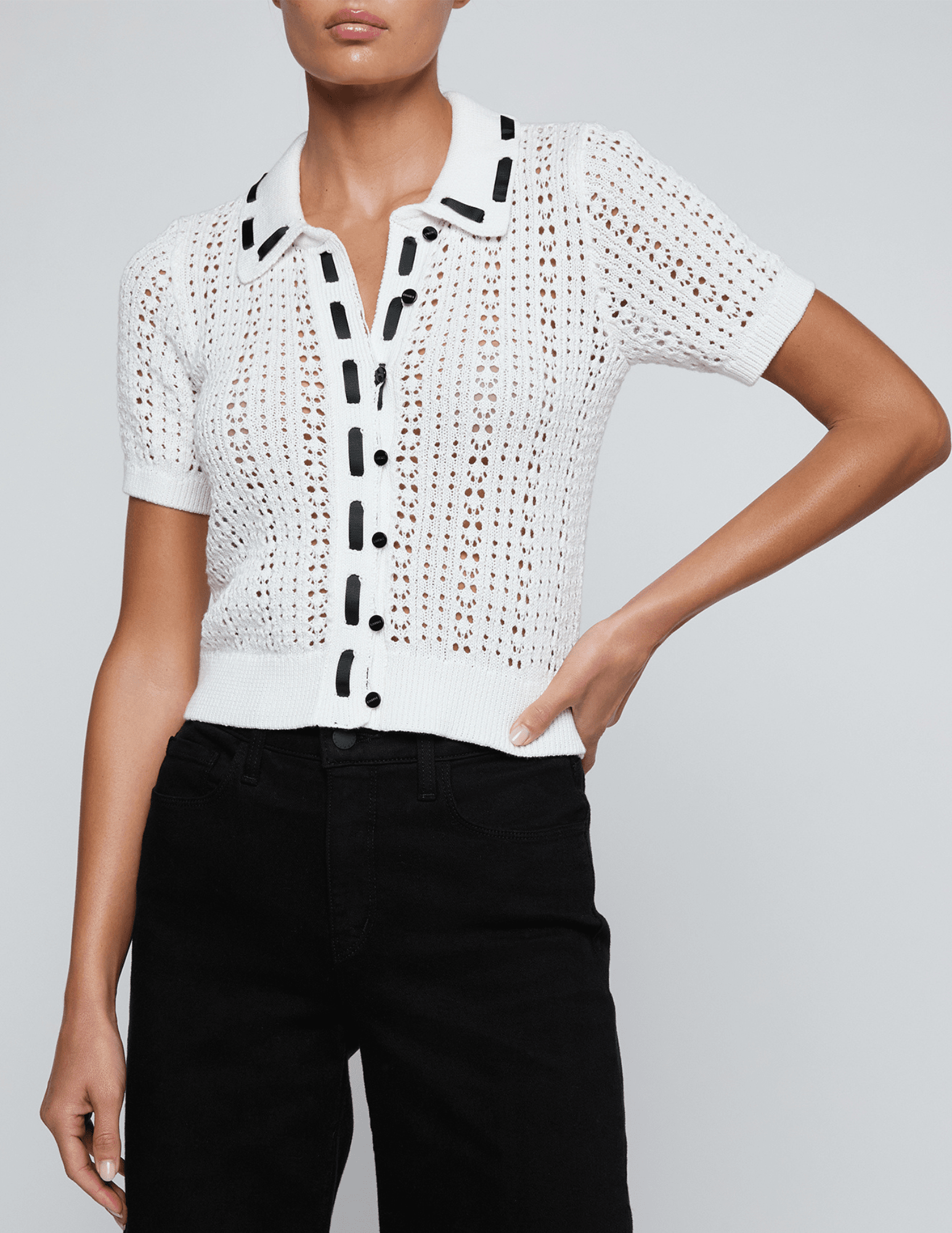 L'AGENCE Ninette Pointelle Knit Short Sleeve Top in Ivory front
