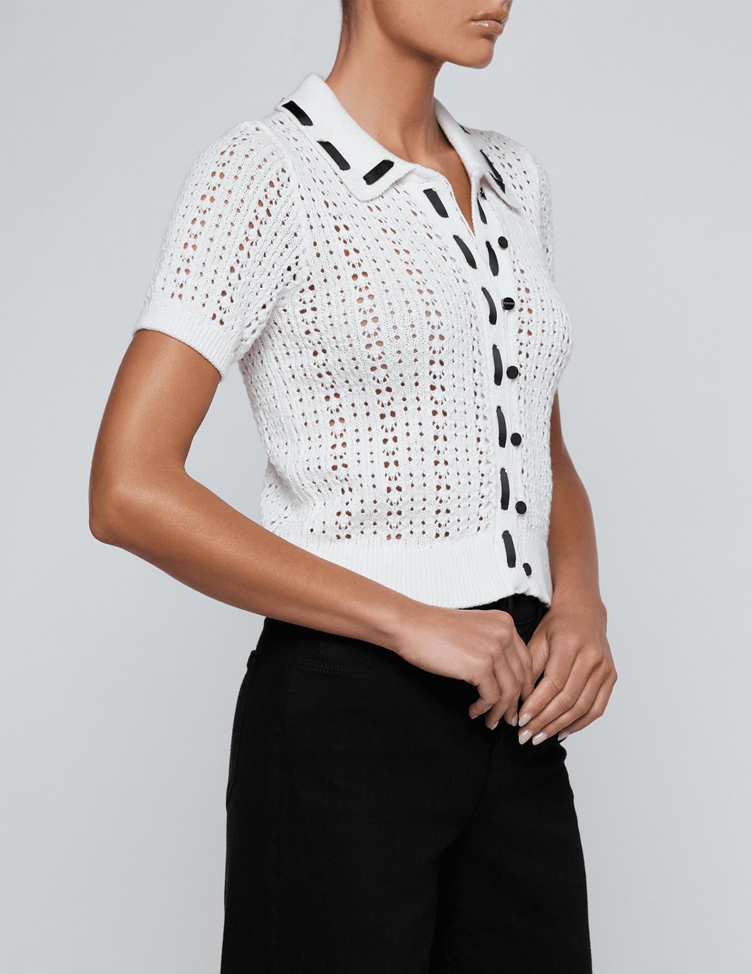 L'AGENCE Ninette Pointelle Knit Short Sleeve Top in Ivory side