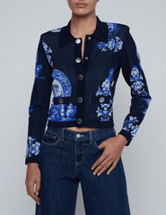 Front view of L'AGENCE Osiris Jacquard Cardigan in Black Blue Large Porcelain
