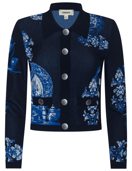 L'AGENCE Osiris Jacquard Cardigan in Black Blue Large Porcelain