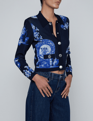Side view of L'AGENCE Osiris Jacquard Cardigan in Black Blue Large Porcelain
