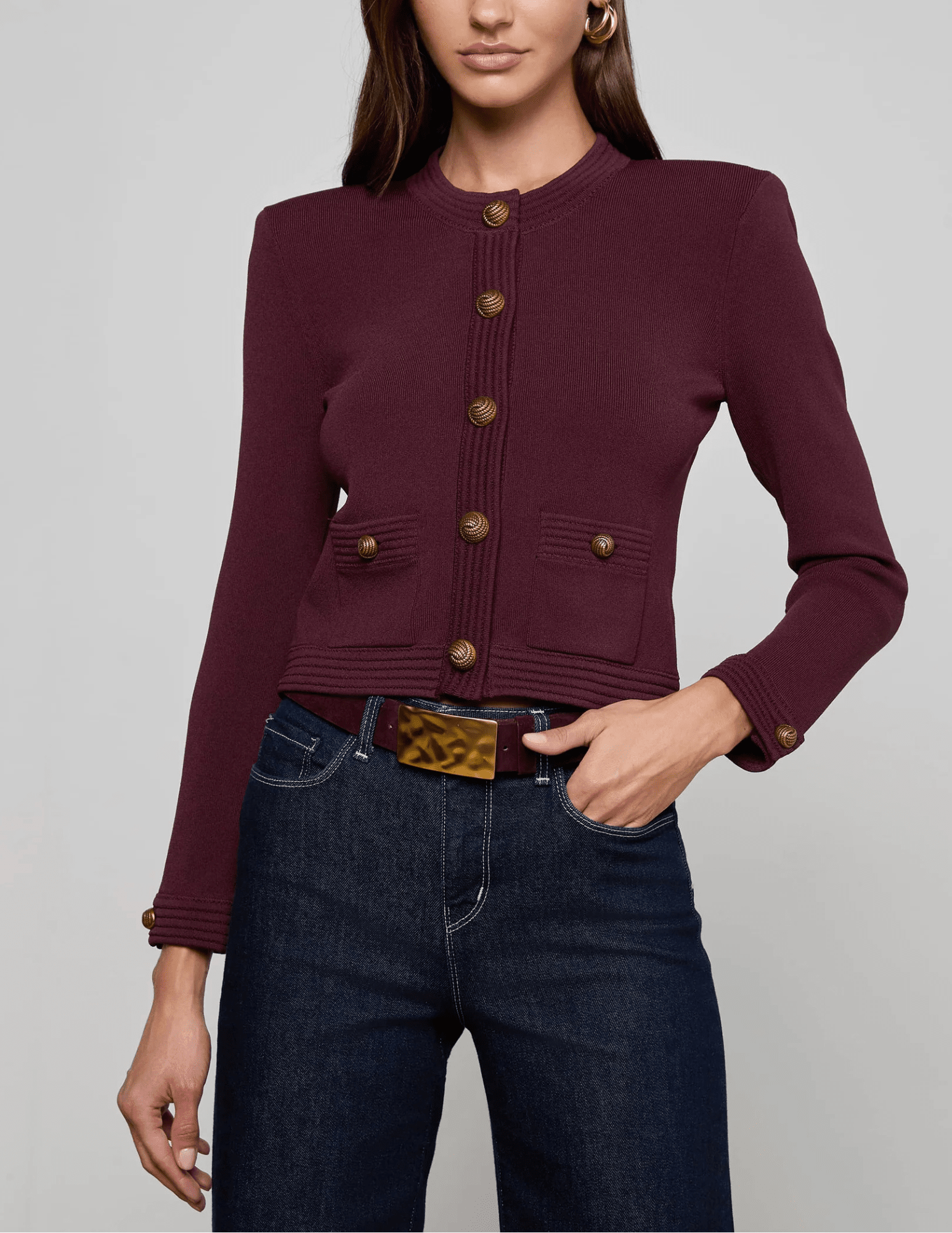 Front of L’AGENCE Patsy Cropped Cardigan in Malbec Gold
