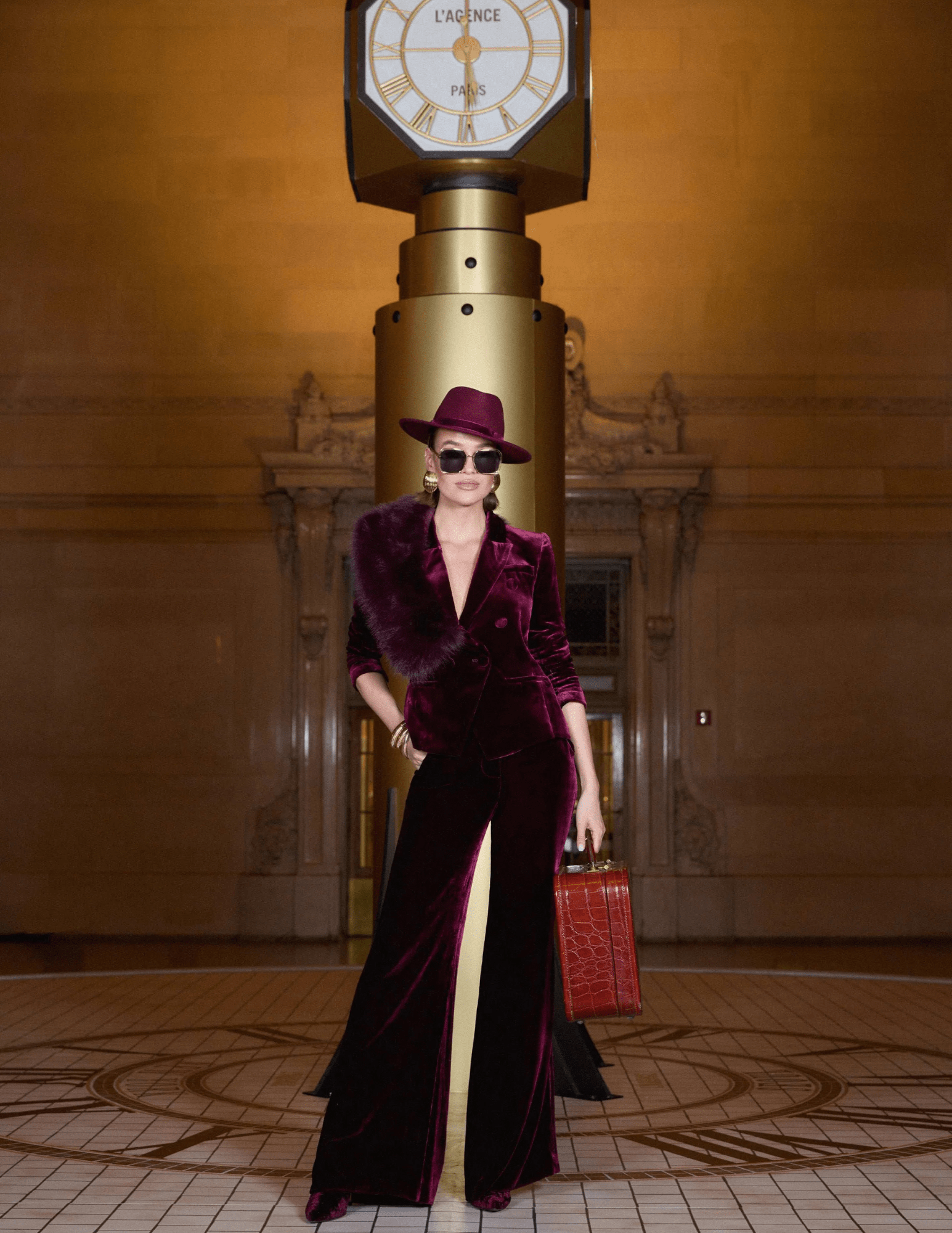  L’AGENCE Pilar Velvet Wide Leg Pant in Dark Port velvet styled in FW25 presentation