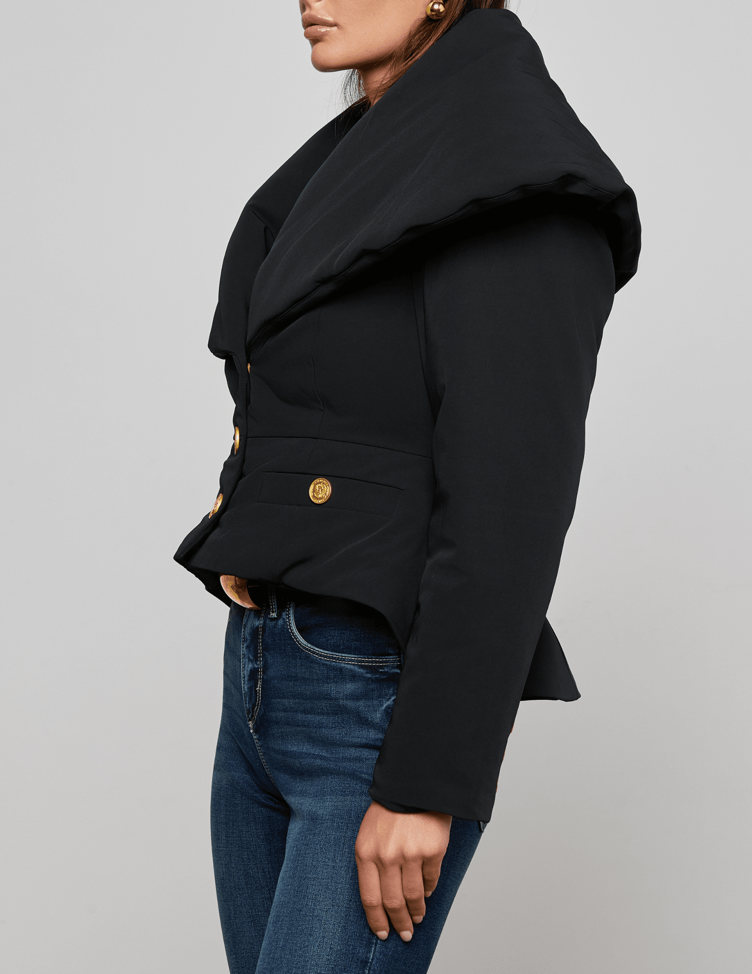 Side view L'AGENCE Pippa High Collar Blazer Coat in Black Front
