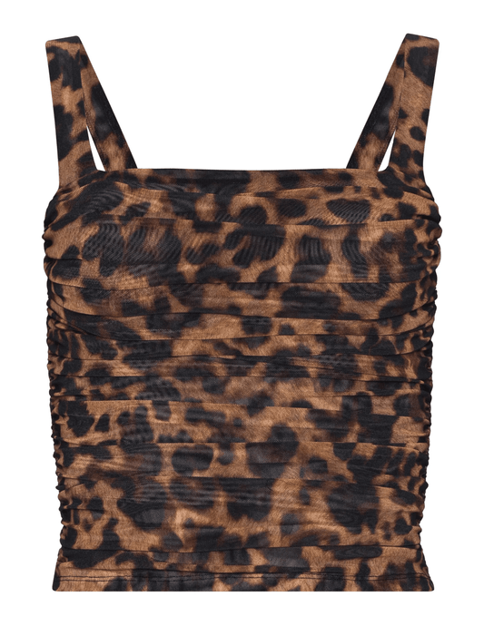 L'AGENCE Rasha Shirred Mesh Tank in Brown Multi Amur Leopard