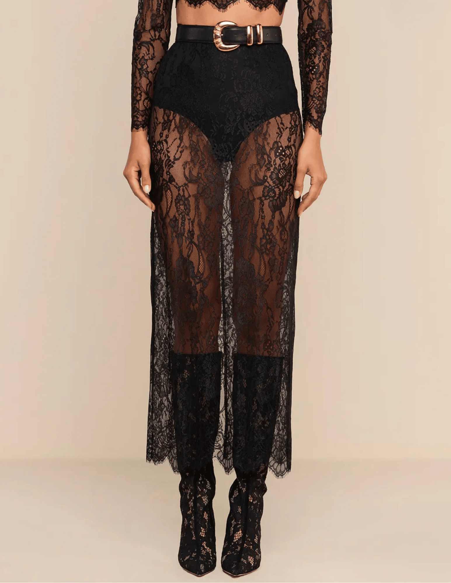 Front view of L'AGENCE Raymonde Lace Maxi Skirt in Black