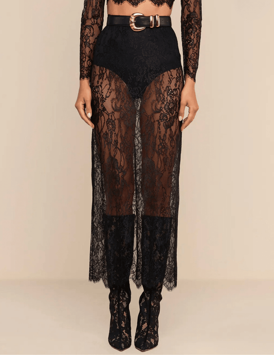 Front view of L'AGENCE Raymonde Lace Maxi Skirt in Black