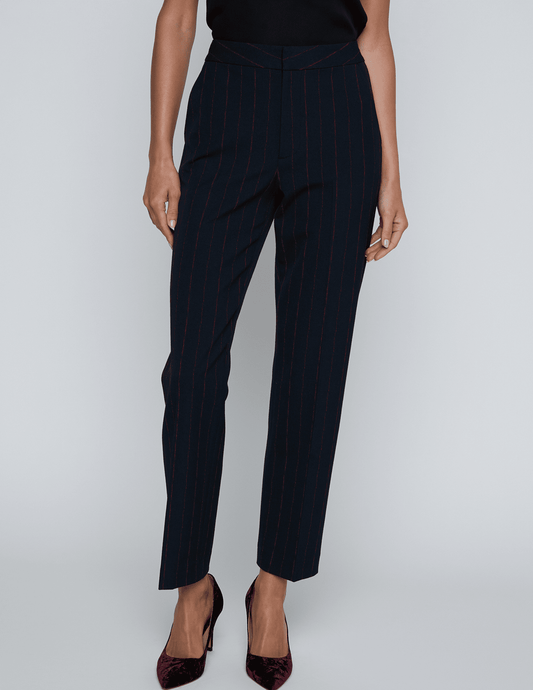 Front view of L’AGENCE Rebel Trouser – Midnight Burgundy Pinstripe