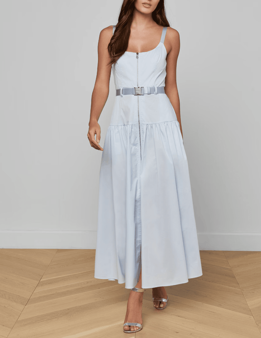 Front view of L'AGENCE Rima Maxi Dress in Pale Mist Blue