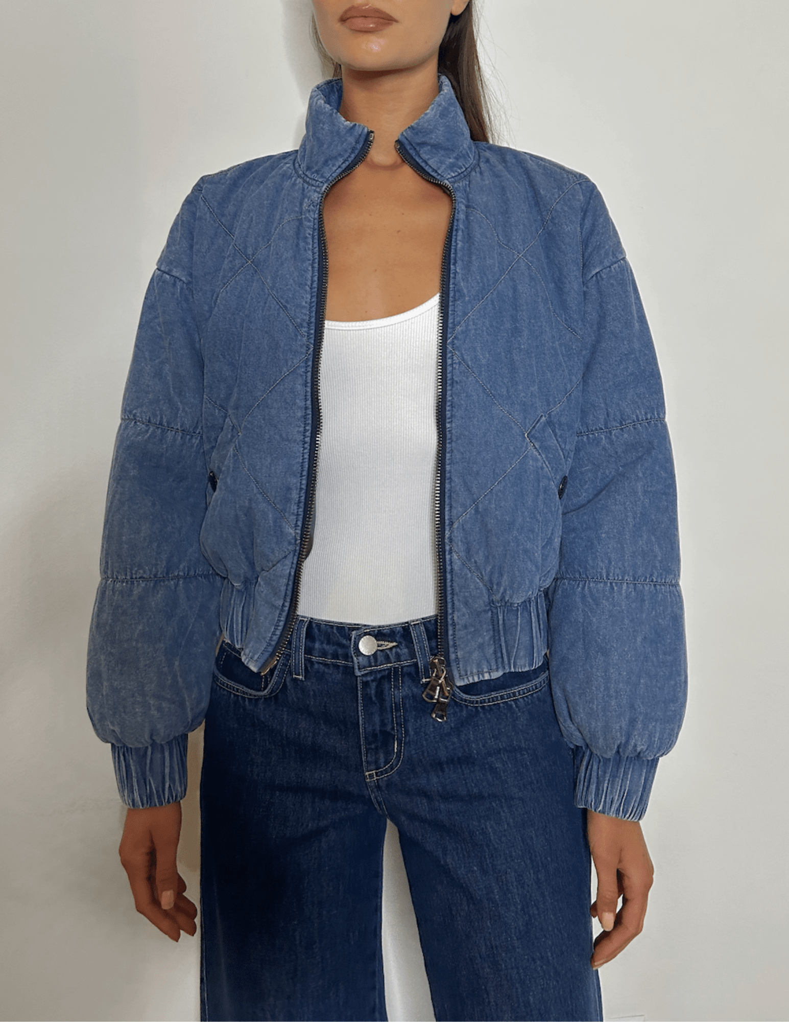 Front view of L’AGENCE Ryah Washed Denim Bomber Jacket
