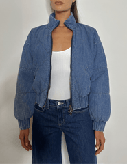Front view of L’AGENCE Ryah Washed Denim Bomber Jacket
