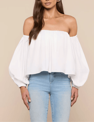 Front view of L'AGENCE Sarai Off Shoulder Puff Sleeve Top in White
