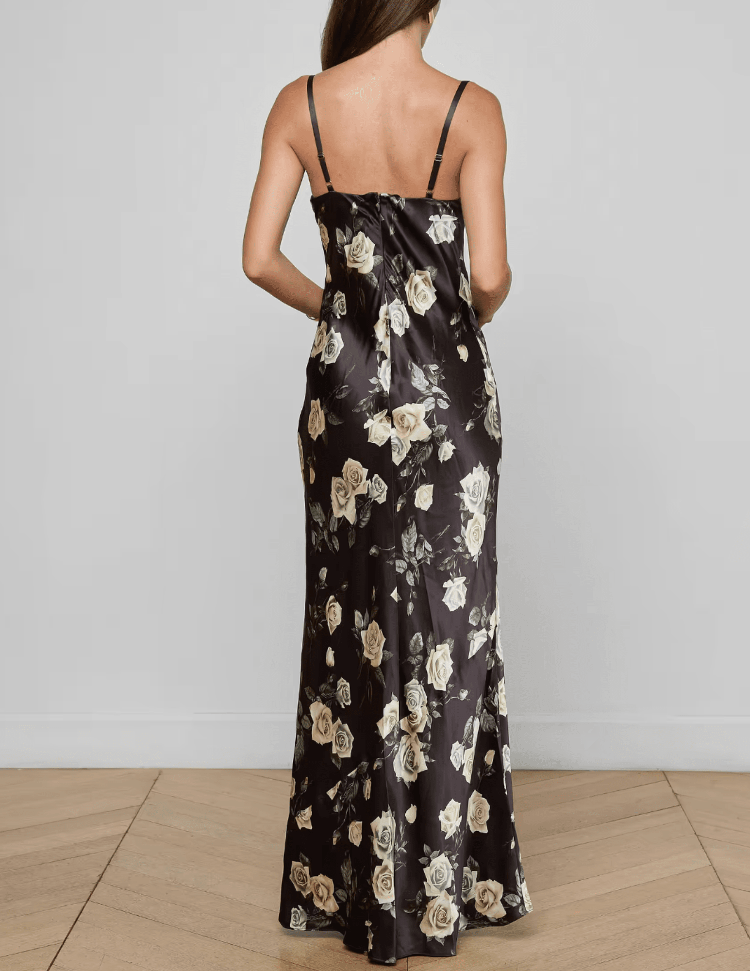 Back view of L'AGENCE Sayla Silk Maxi Dress in Black Ivory Romantic Rose
