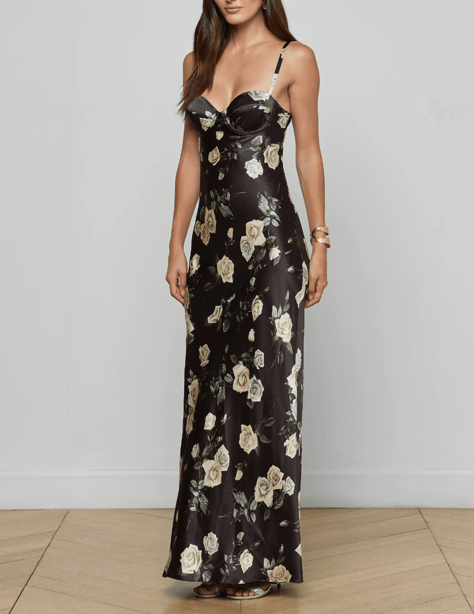 Side view of L'AGENCE Sayla Silk Maxi Dress in Black Ivory Romantic Rose
