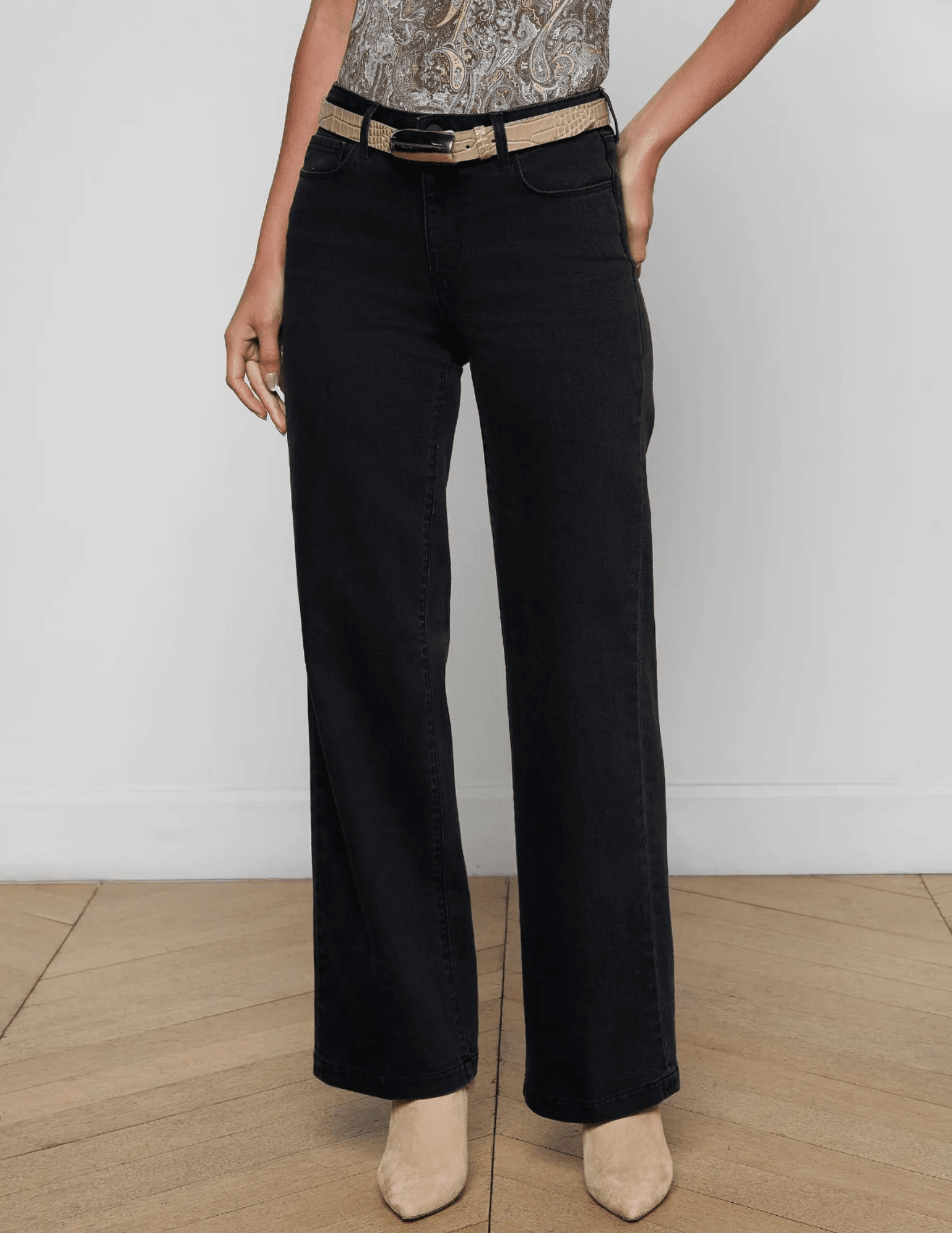 Front view of L’AGENCE Scottie High Rise Wide Leg Jeans in Washed Black
