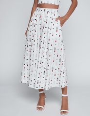 Front view of L'AGENCE Seina Poplin Midi Skirt in Ivory Multi Lipstick Geo