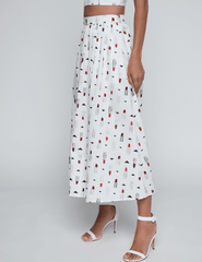 Side view of L'AGENCE Seina Poplin Midi Skirt in Ivory Multi Lipstick Geo
