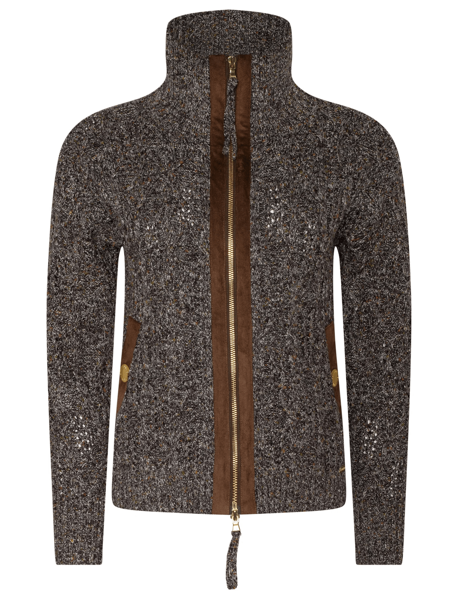 L’AGENCE Shilo Cable Knit Cardigan in Carafe Brown Multi.