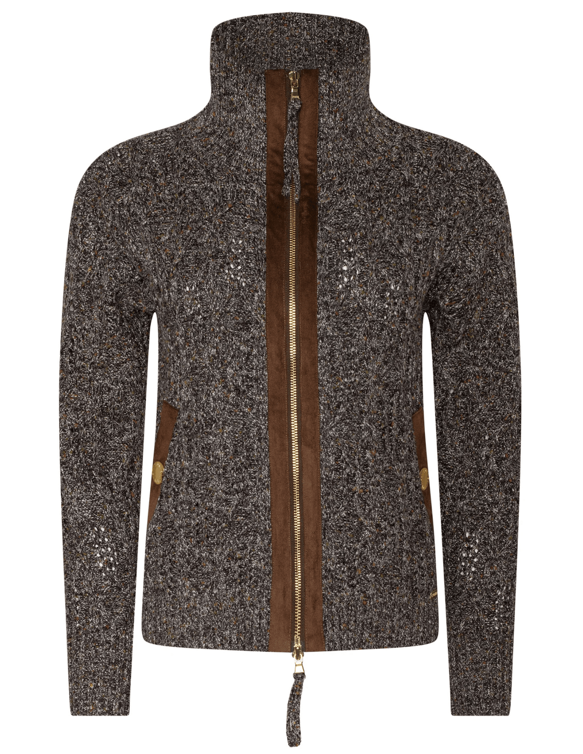 L’AGENCE Shilo Cable Knit Cardigan in Carafe Brown Multi.
