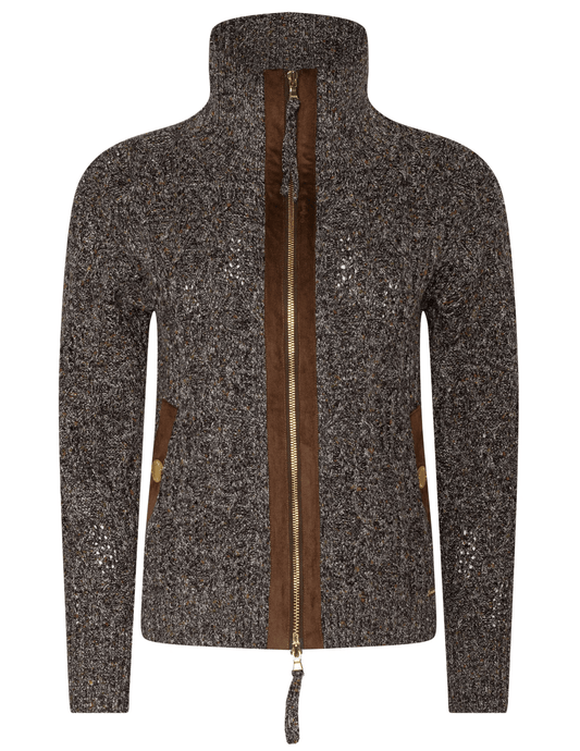 L’AGENCE Shilo Cable Knit Cardigan in Carafe Brown Multi.