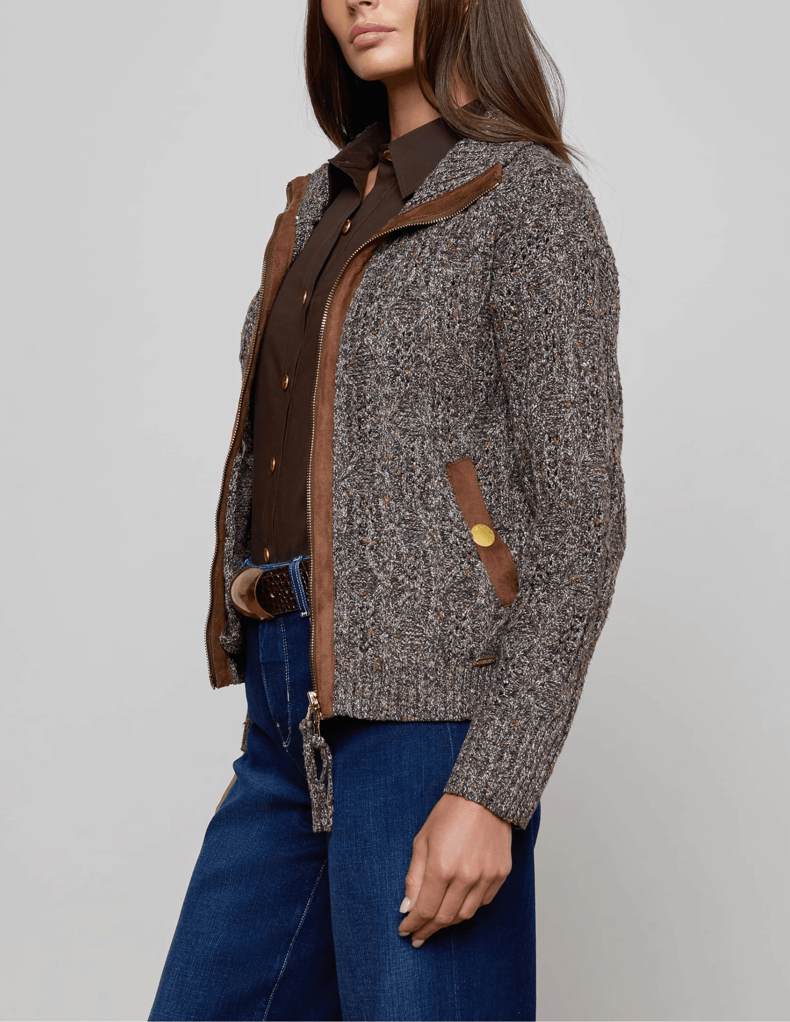 Side view of L’AGENCE Shilo Cable Knit Cardigan in Carafe Brown Multi.