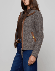 Side view of L’AGENCE Shilo Cable Knit Cardigan in Carafe Brown Multi.
