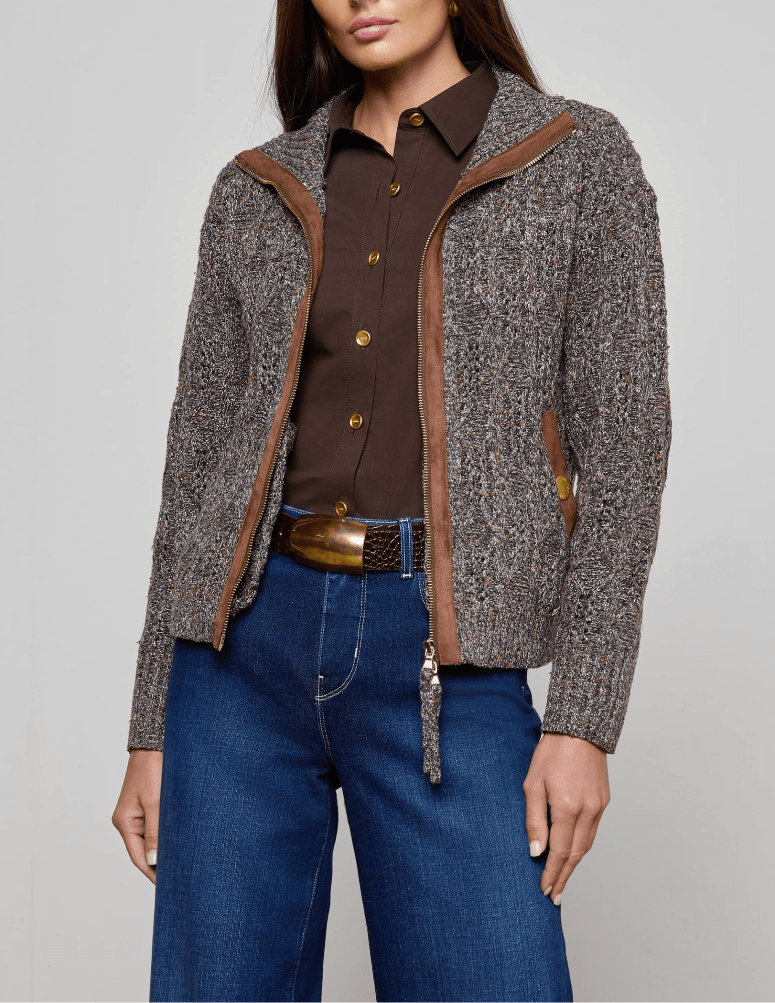 L’AGENCE Shilo Cable Knit Cardigan in Carafe Brown Multi front