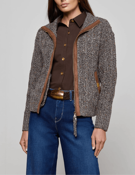 L’AGENCE Shilo Cable Knit Cardigan in Carafe Brown Multi front