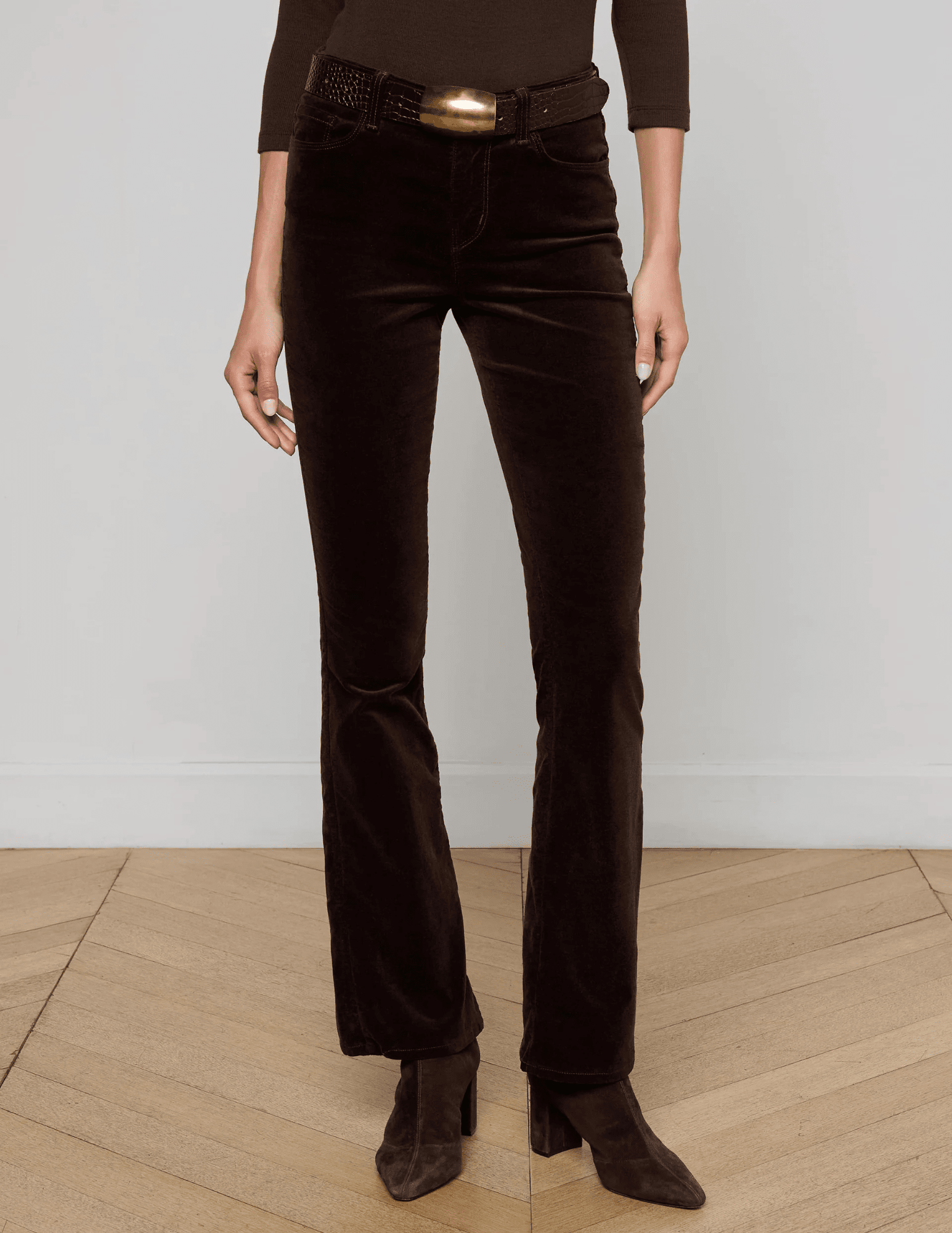 Front view of L'AGENCE Stevie Velvet Jeans in Coffee Bean