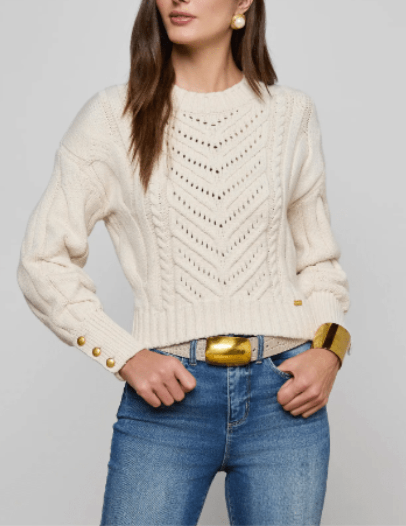 Front view of L'AGENCE Storm Cable Knit Sweater in Ivory Gold
