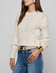 SIde view of L'AGENCE Storm Cable Knit Sweater in Ivory Gold