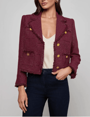 Front view of L'AGENCE Sylvia Collared Fringe Hem Jacket 