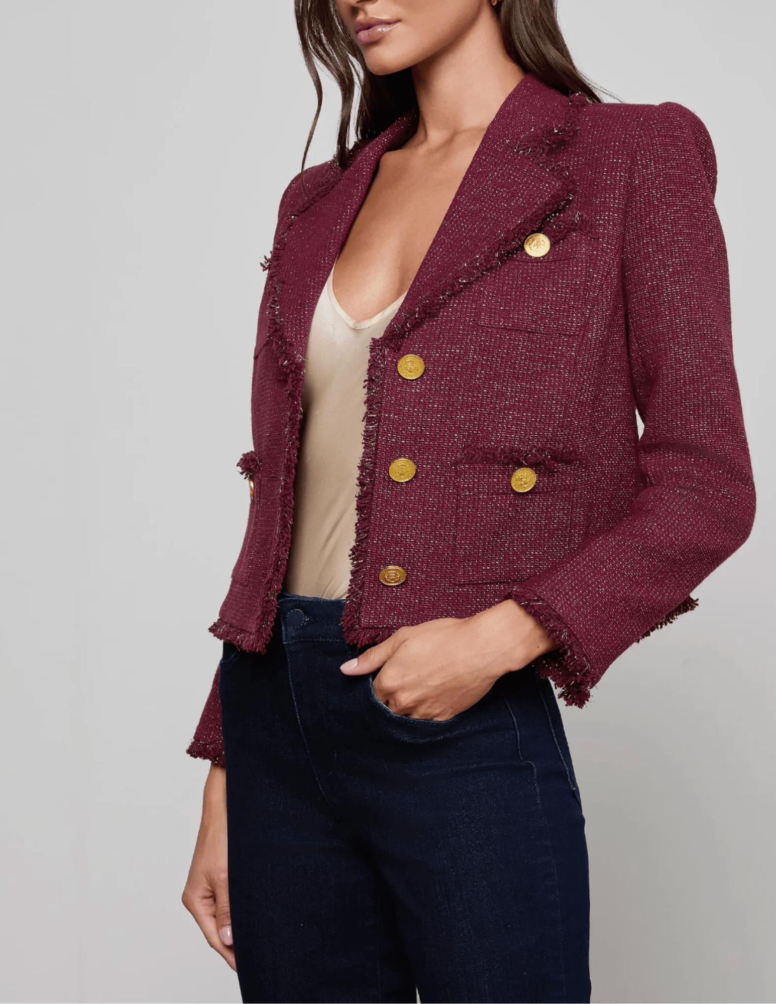 Side view of L'AGENCE Sylvia Collared Fringe Hem Jacket