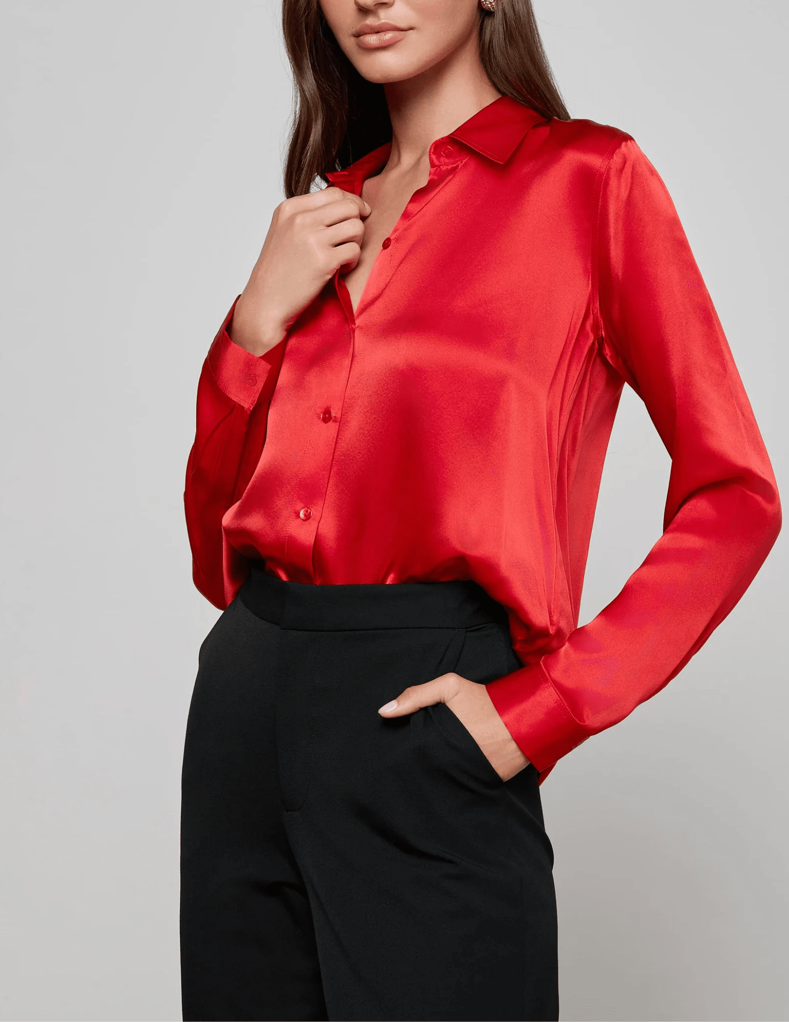 Side view L’AGENCE Tyler Long Sleeve Silk Blouse in Engine Red
