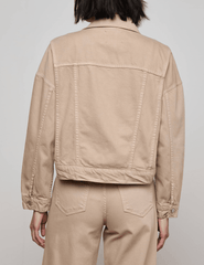 Back view of L'AGENCE Vianney Hi-Lo Denim Jacket in Pale Khaki