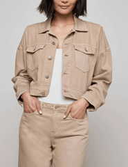 Front view ofL'AGENCE Vianney Hi-Lo Denim Jacket in Pale Khaki
