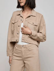 Side view of L'AGENCE Vianney Hi-Lo Denim Jacket in Pale Khaki
