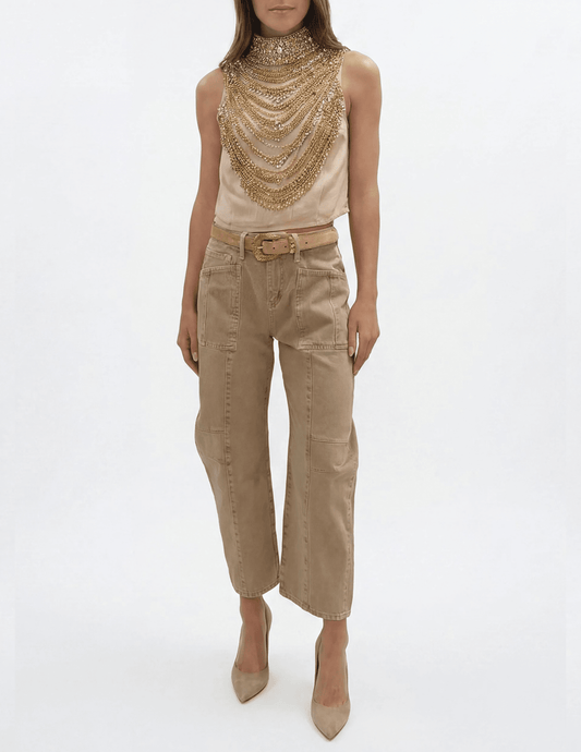 L'AGENCE Yun Draped Crystal Tank in Almond styled with barrel jeans