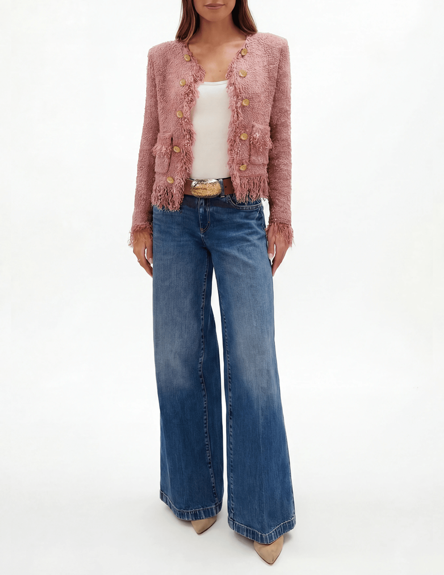 L'Agence Mireille Fringe Knit Cardigan in Mauve Rose on model